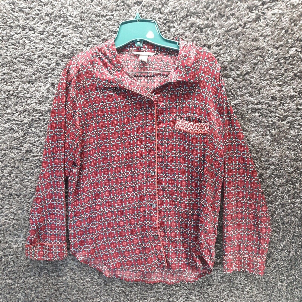 Victoria Secret Sleep Shirt Women Medium Red Busy Batik Satin Sleepwear Bedtime